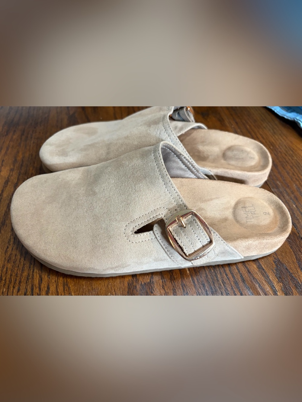 Time & Tru Beige Tan Taupe Suede Slip-On Mule Clog with Buckle size 9